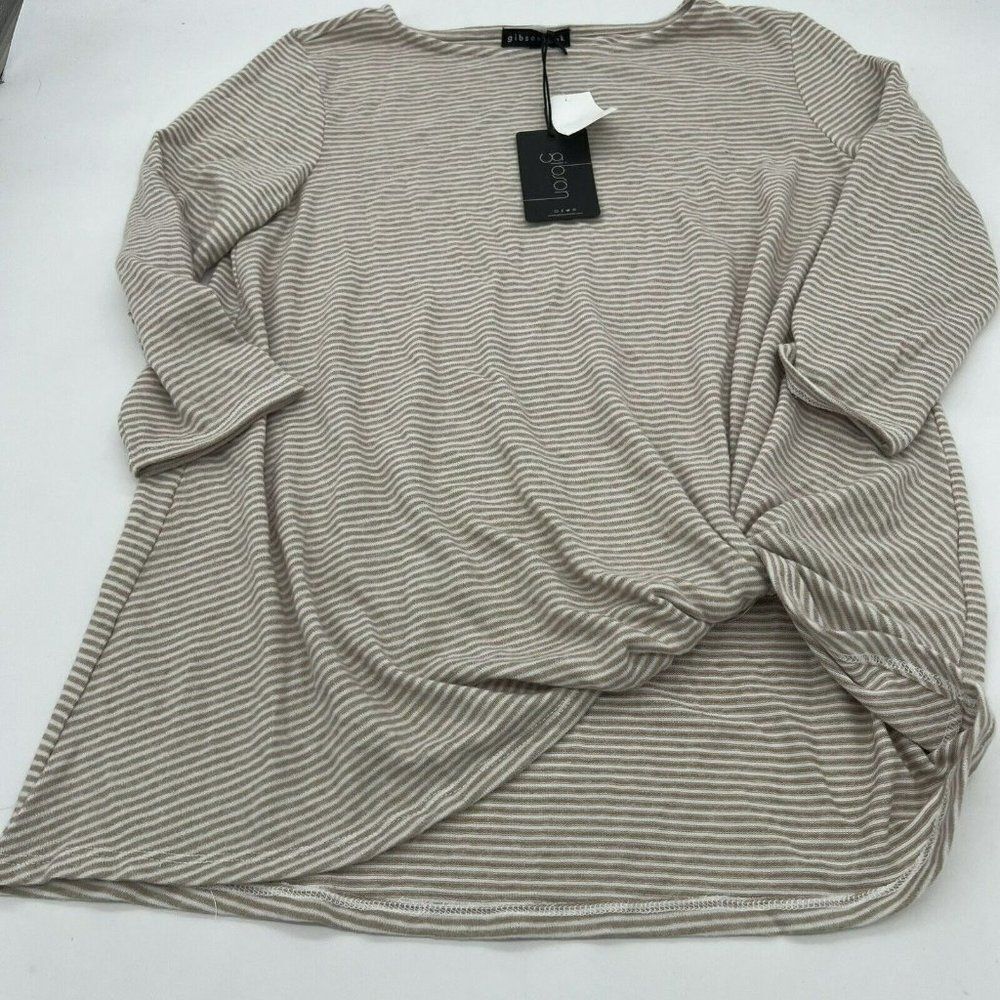 Gibson Look Oatmeal Ivory Striped Knotted Front 3/4 Sleeve Small NWT
